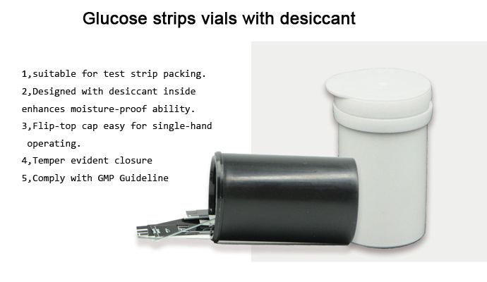 Glucose strips vials with desiccant